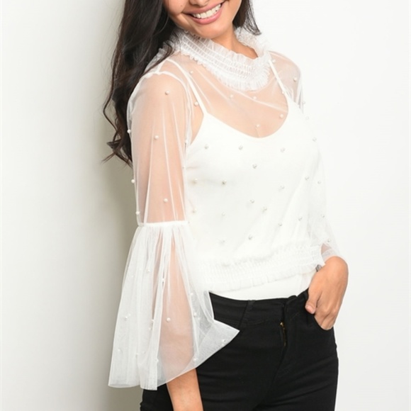 Pearl Blouse Ruffle Sleeve Blouse - White - Picture 4 of 4